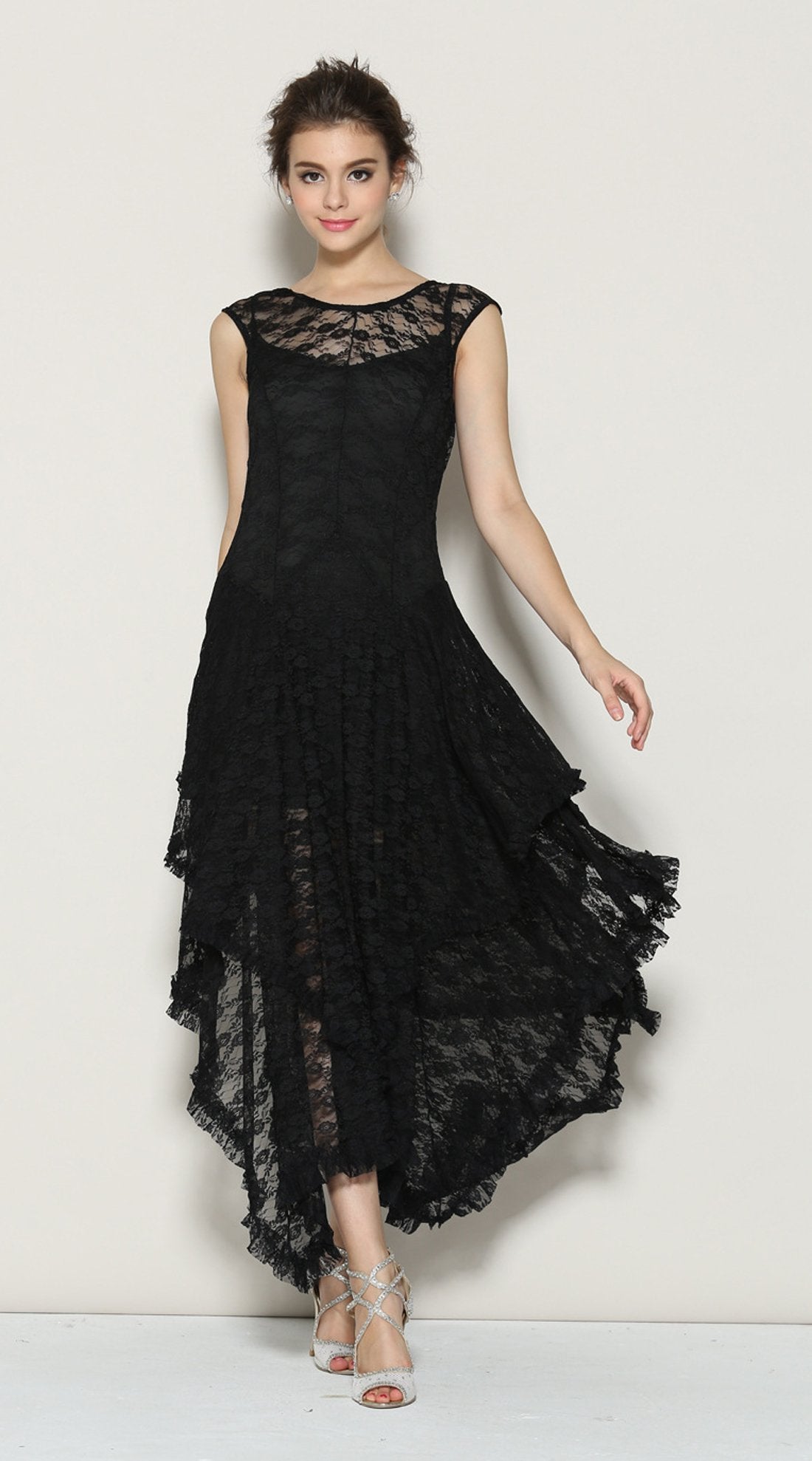 R.Vivimos Womens Sleeveless Backless Asymmetrical Layered Lace Long Dress with Slip Two Pieces (Medium, Black)