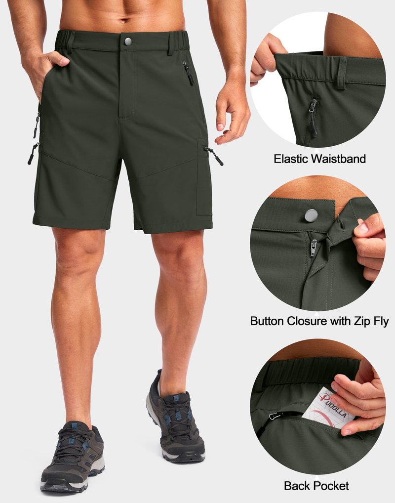 Pudolla Men's Hiking Cargo Shorts Lightweight 7" Travel Casual Shorts for Men Golf Work Outdoor with 5 Zipper Pockets(Army Green 3X-Large)