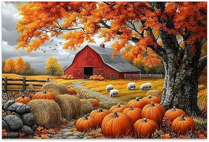 Yesad Fall Scenery Canvas Wall Art, Thanksgiving Pumpkin Autumn Landscape Poster, Autumn Farmhouse Wall Art Pumpkin Canvas Painting Picture Home Wall Décor (Unframed, 36”x24”, Fall Art1)
