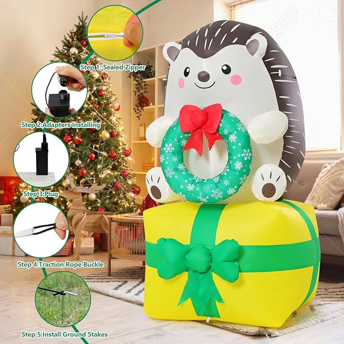 COMIN 5 FT Christmas Inflatables Outdoor Decorations Inflatable Hedgehog On Present Christmas Box Blow Ups with Built-in LEDs for Yard Party Lawn Decor