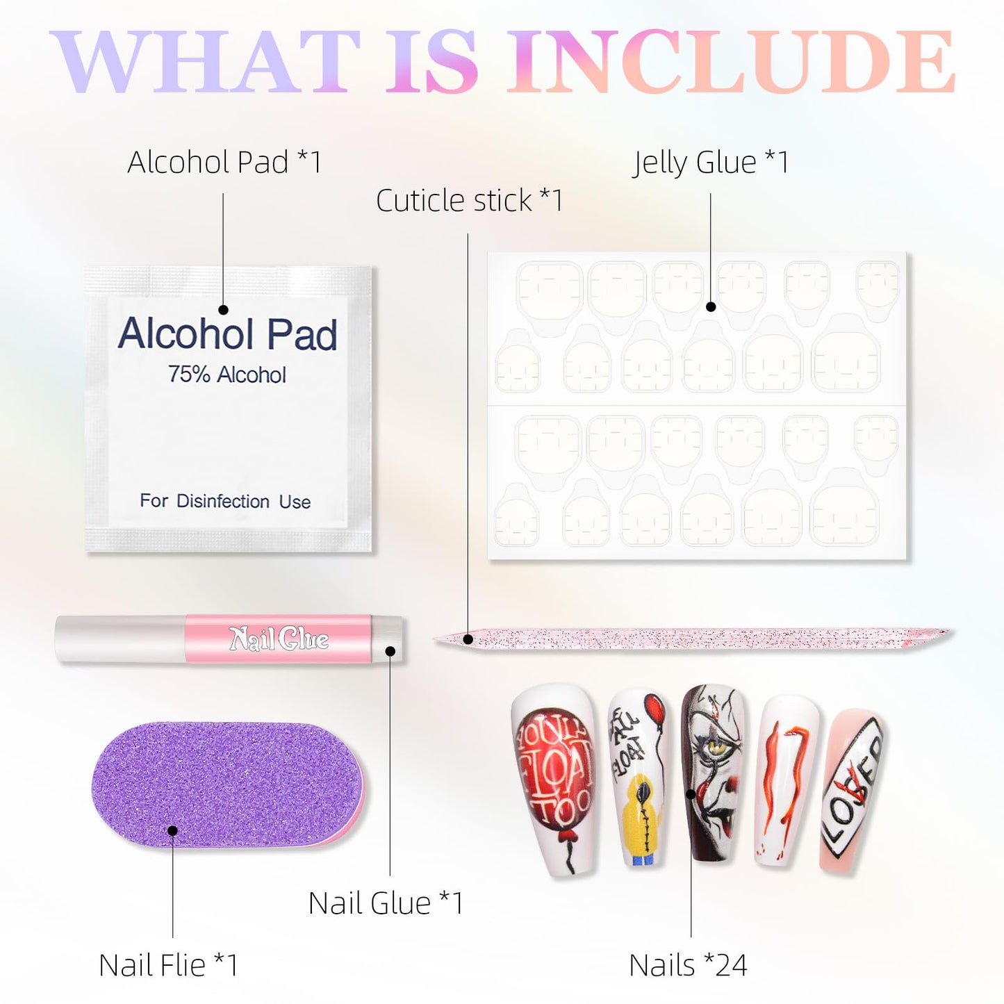 Halloween Press on Nails Long Ballerina Fake Nails Horror Joker and Red Balloon Design False Nails Kit Full Cover Artificial Nails Reusable Glue on Fake Nails Press ons Halloween Manicure 24Pcs