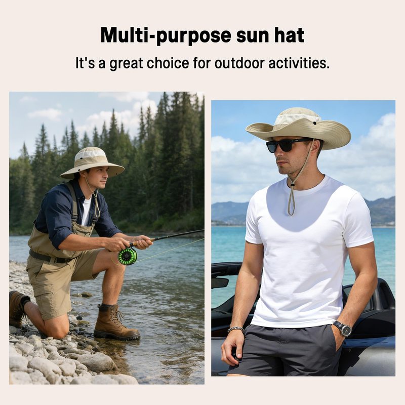 KUANG! Men Women Sun Hats Fishing Hat UPF 50+ Breathable Wide Brim Hiking Summer UV Protection Bucket Hats Beige