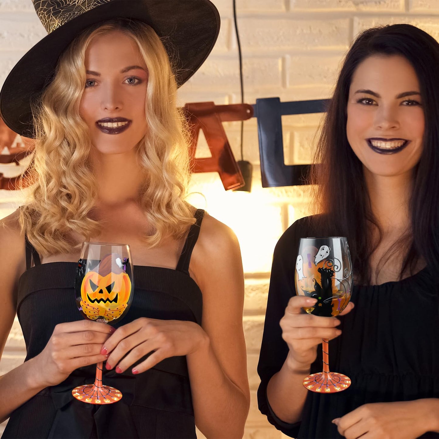 NymphFable Halloween Hand Painted Wine Glass Pumpkin Black Cat Spider Cobwebs Ghosts Unique Halloween Wine Glass for Home Party Friend (2024 Update)