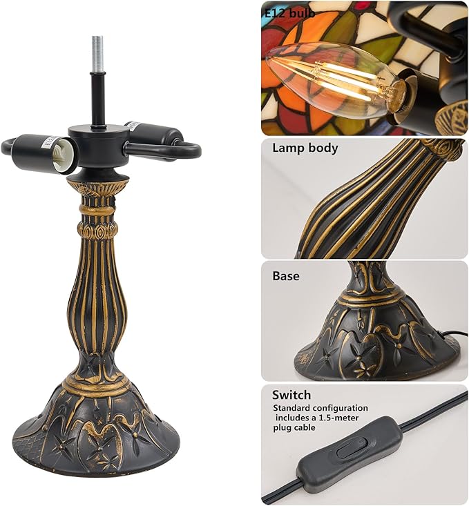 Tiffany Style Table Lamp, 12 inch Tiffany Style Stained Glass Table Lamp Bed Room Bedside Reading Desk Light for Living Retro Unique Cute Accent Decor Cottage Village Nightstand Lamps