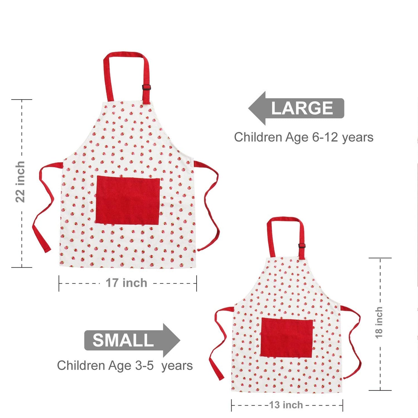 Jennice House Kids Apron Set with Chef Hat, Cute Child Baking Aprons with Adjustable Neck Strap and Pockets for Girls Boys Cooking Baking Painting Gardening in 2 Sizes (Red Strawberry, Large)