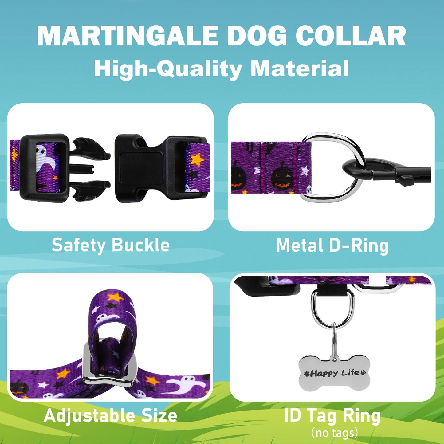 Fidohug Halloween Martingale Collar for Dogs with Buckle Adjustable Holiday Dog Collars (Purple Ghost, Medium)