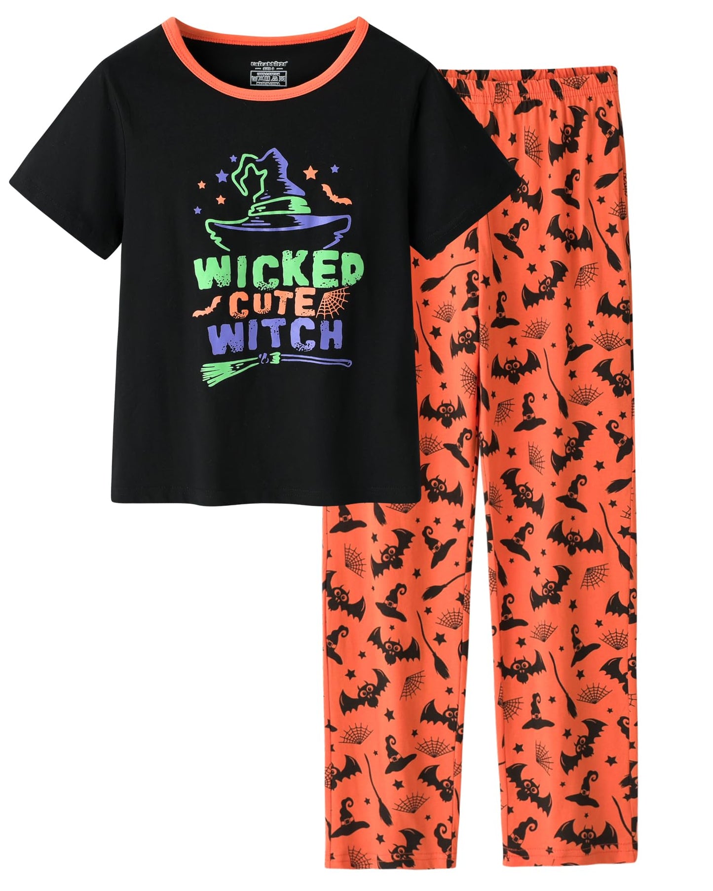 UNICABBIT21 Pajamas for Girls Cute Black Witch Halloween Pants and Short Sleeve Tee Big Kids Sleepwear Set Size 10