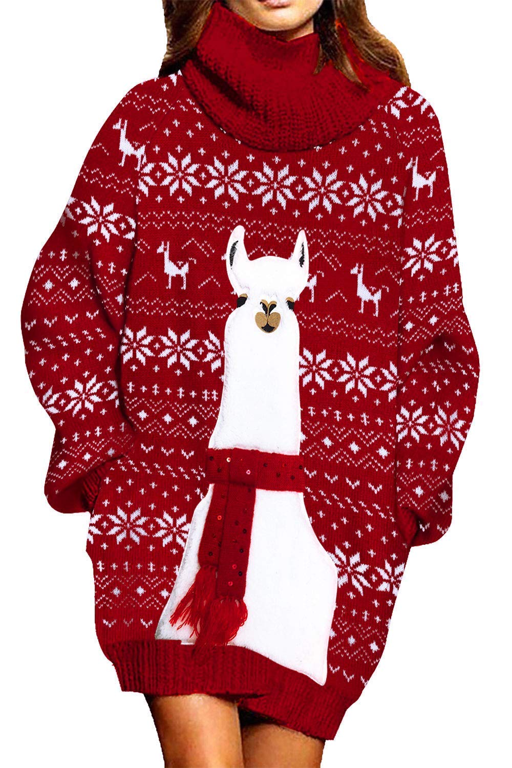 Jumppmile Womens Ugly Christmas Xmas Santa Funny Oversize Baggy Loose Turtleneck Pullover Sweater Dress Pockets Alpaca XL