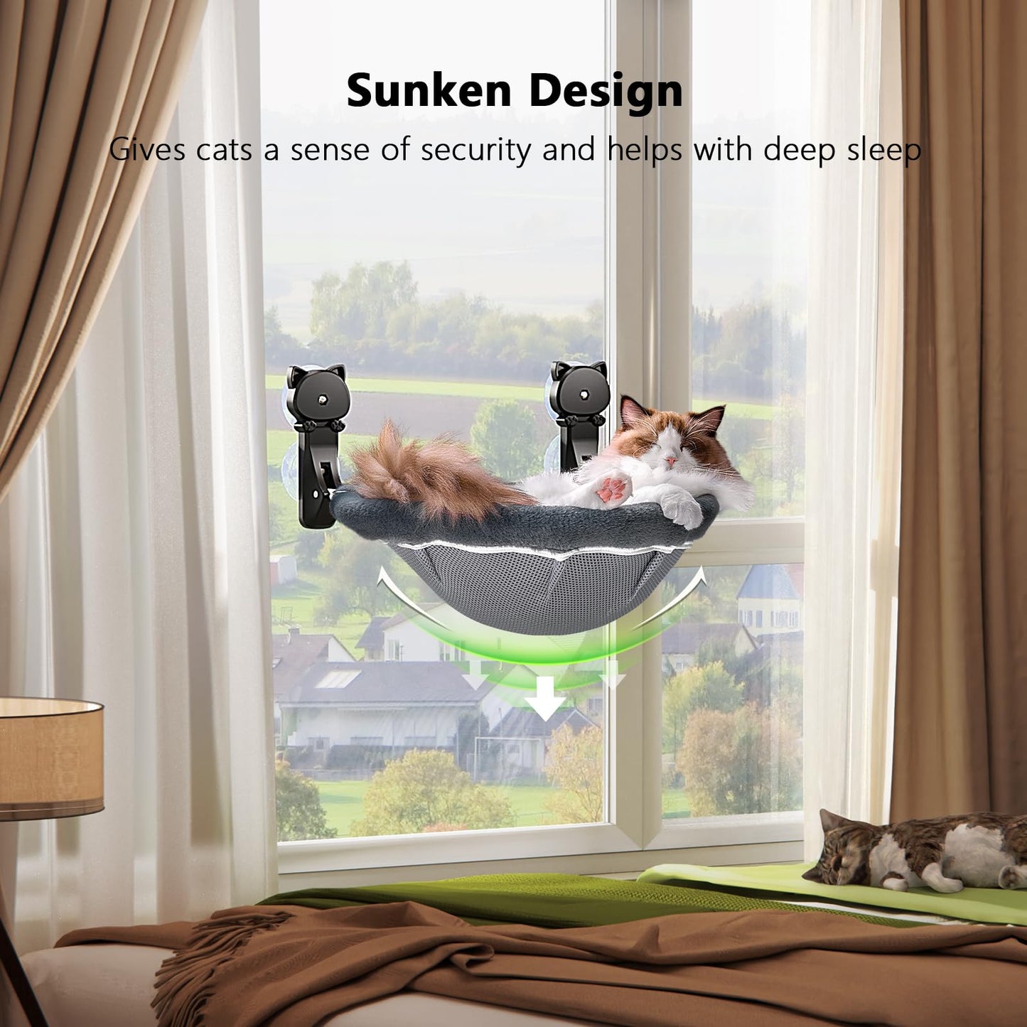 JUNSPOW Cat Window Perch Cordless, Foldable & Stable Cat Beds- Breathable Cat Window Hammock for Overlooking, Sunbathing and Climbing - Maximum Hold Up to 40lb