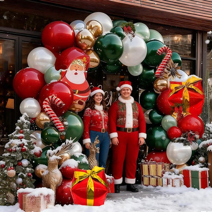 Christmas Balloon Arch Kit, Double Stuffed Dark Green Red Pearl White Gold Balloons Emerald Green Burgundy Balloon Garland for Christmas New Year Xmas Birthday Wedding Festival Party Decorations