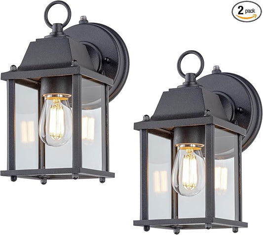 LIT-PaTH Dusk to Dawn Outdoor Wall Lantern, Wall Sconce, Waterproof Proch Light Fixture E26 Base, Aluminum Housing Glass Shade, Outdoor Rated, 2-Pack, Black