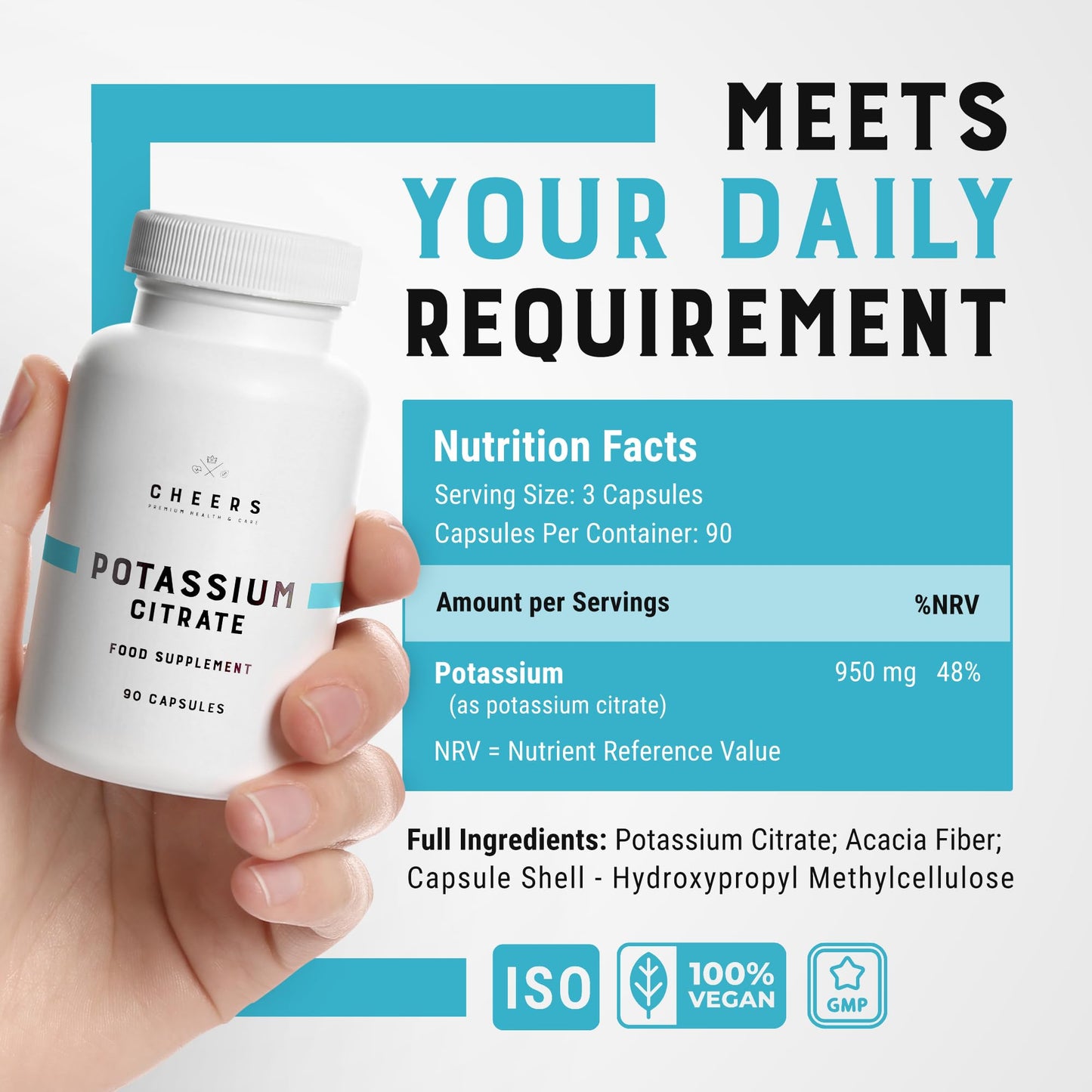 Cheers Potassium Citrate, 48% Daily Value, 316 mg per Capsule, 90 Capsules, Supports Cardiovascular and Blood Pressure Health, Vegan Potassium Supplement for Adults, Natural Mineral Electrolyte