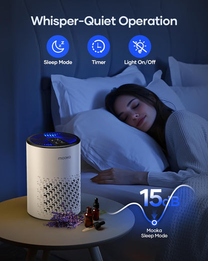 Air Purifiers for Bedroom Home, MOOKA HEPA Air Purifier for Home Pets with Fragrance Sponge for Smoke Dust Pollen Dander Odor, Small Air Cleaner with Sleep Mode Night Light Timer, KJ067L, White