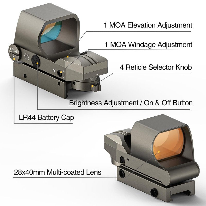 CVLIFE Reflex Sigh 1x28x40mm Red Dot Sight 4 Adjustable Reticles Sight for 20mm Picatinny Rail Red Dot Optics Absolute Co-Witness Gray