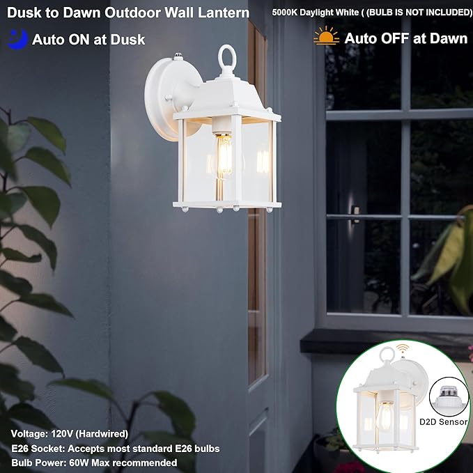 LIT-PaTH Dusk to Dawn Outdoor Wall Lantern, Wall Sconce, Waterproof Proch Light Fixture E26 Base, Aluminum Housing Glass Shade, Outdoor Rated, 2-Pack, White