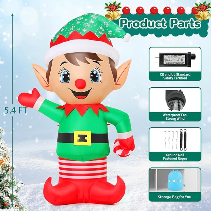 GOOSH 5.4 FT Christmas Elf Inflatable Decoration Blow Up Elf Outdoor Christmas Yard Decoration Inflatable Holiday Indoor Outdoor Party Garden Yard Decoration