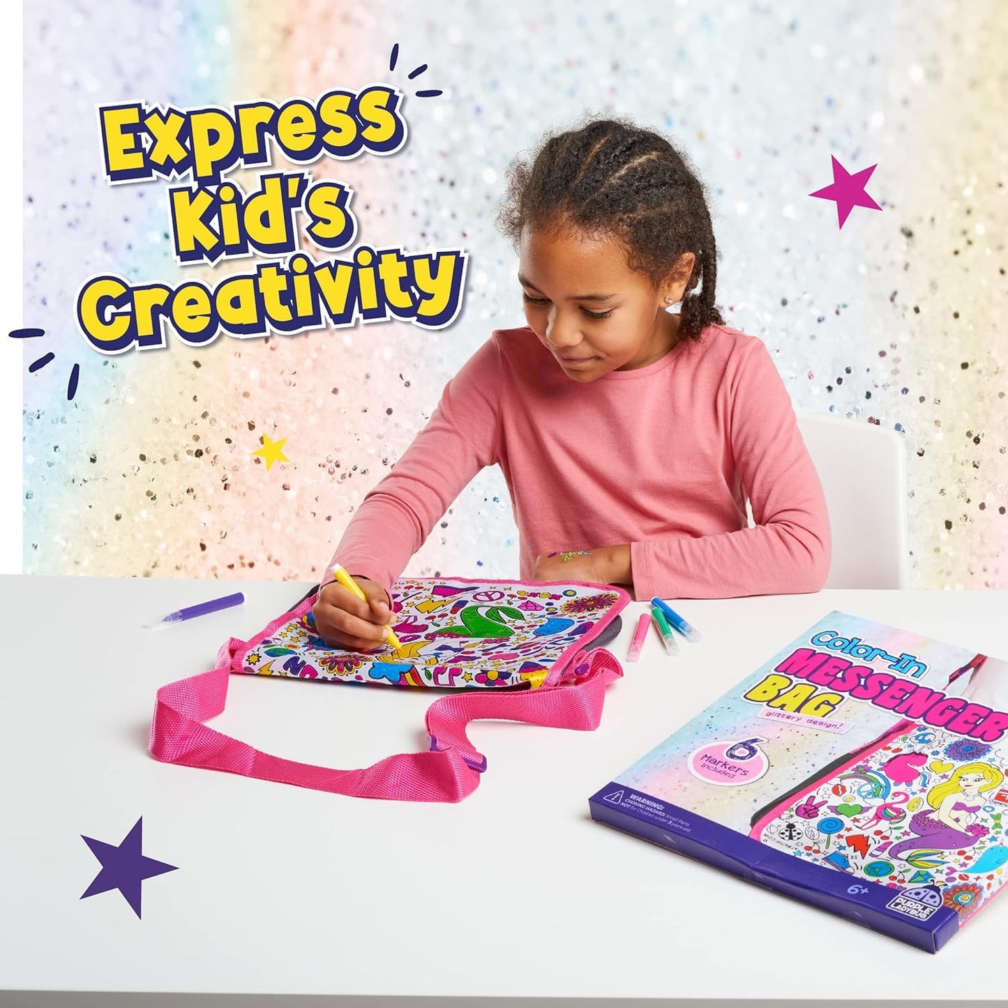 PURPLE LADYBUG Colour Your Own Messenger Bag Kit - Creative Craft Gift with 6 Vibrant Markers for Girls Aged 6-12, Perfect for Birthdays and Year-Round Fun in Arts and Crafts, Great Gift Idea