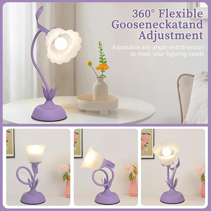 Vintage Flower Table Lamp, 3 Color Temperature Flexible Gooseneck Cute Small Desk Lamp for Bedroom, Kawaii Nightstand Bedside Lamps for Living Room, Dorm, Office, Home Decor (Purple)