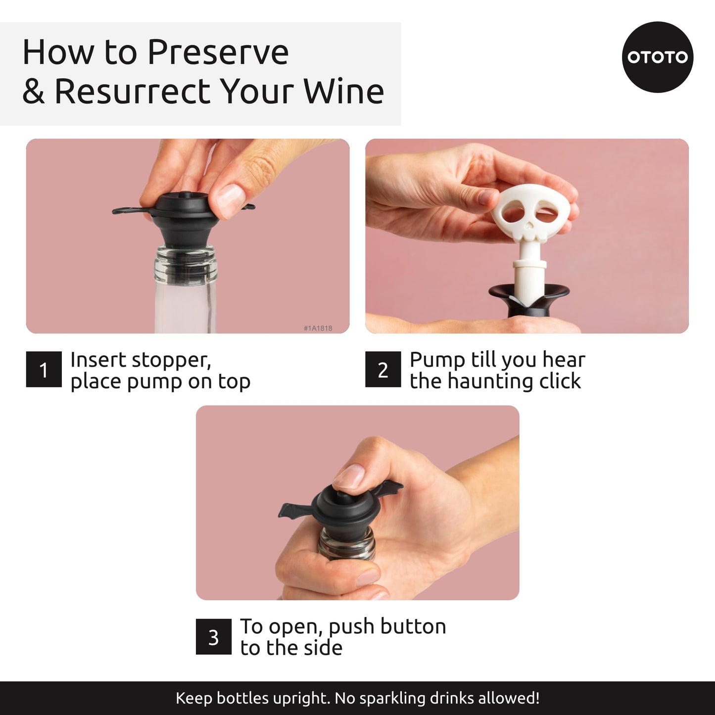 OTOTO New Spookelier Wine Saver Pump and 3 Wine Stopper - Wine Bottle Stoppers for Wine Bottles, Wine Stoppers Vacuum, Spooky Goth Accessories, Fun Skull Halloween Goth Kitchen, Goth Gifts Gadgets