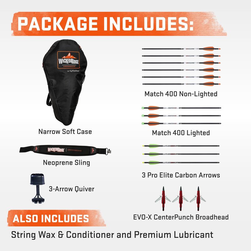 Wicked Ridge Invader M1 De-Cock Crossbow with Scope Bundle with Soft Case, Alpha-Nock Carbon Arrow, Alpha-Blaze Lighted Carbon Arrows, Neoprene Sling, Conditioner, and Premium Lubricant (7 Items)