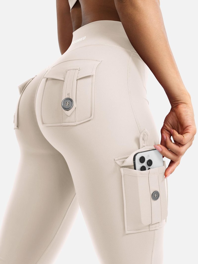 YEOREO CoreFlex Women Workout Flare Leggings with Pockets Hidden Scrunch High Waisted Cargo Gym Yoga Leggings Light Khaki XL