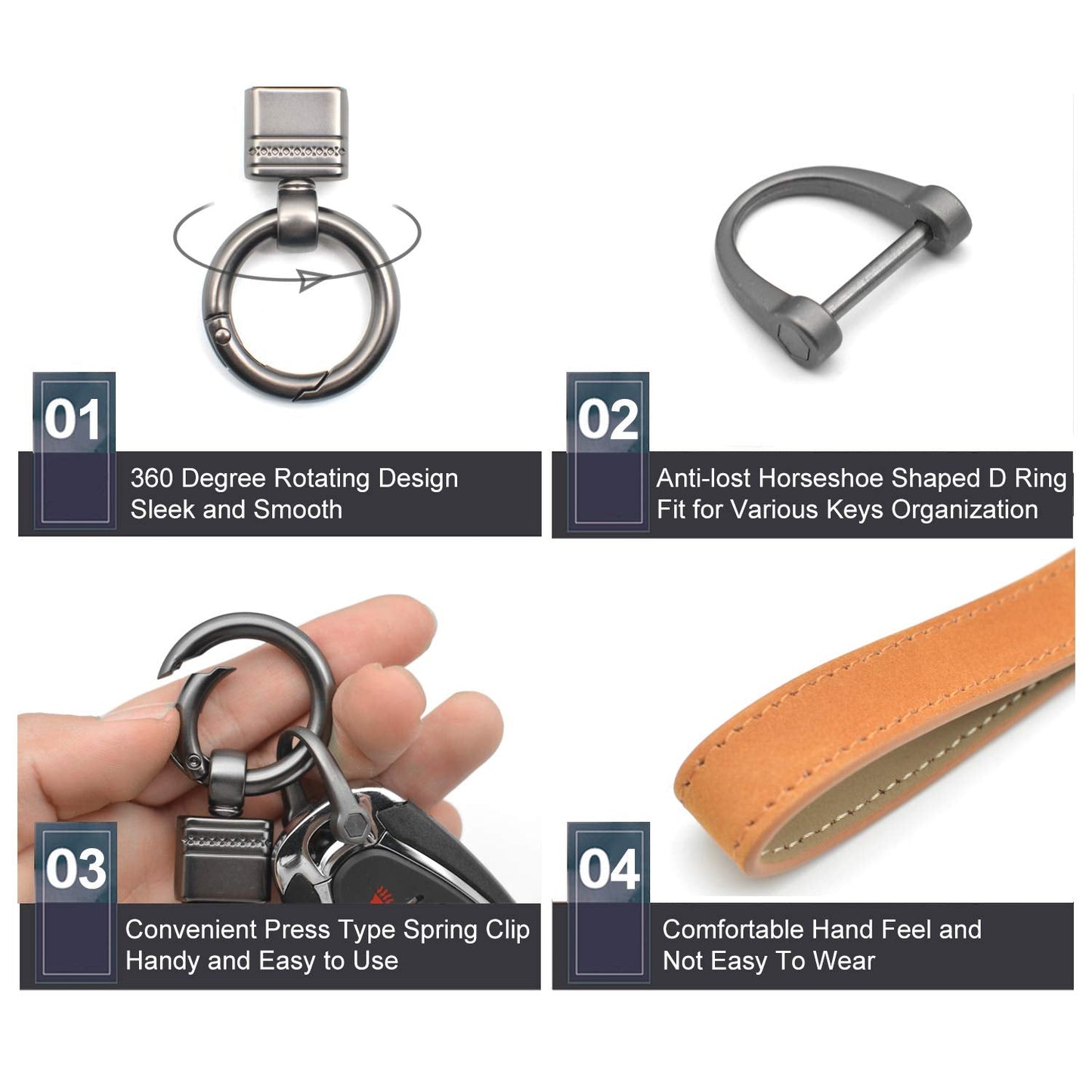 INFIPAR Car Fob Key Chain Genuine Leather Keychains Holder for Men and Women, 360 Degree Rotatable, with Anti-lost D-Ring, Circle Carabiner and Key Rings, Brown