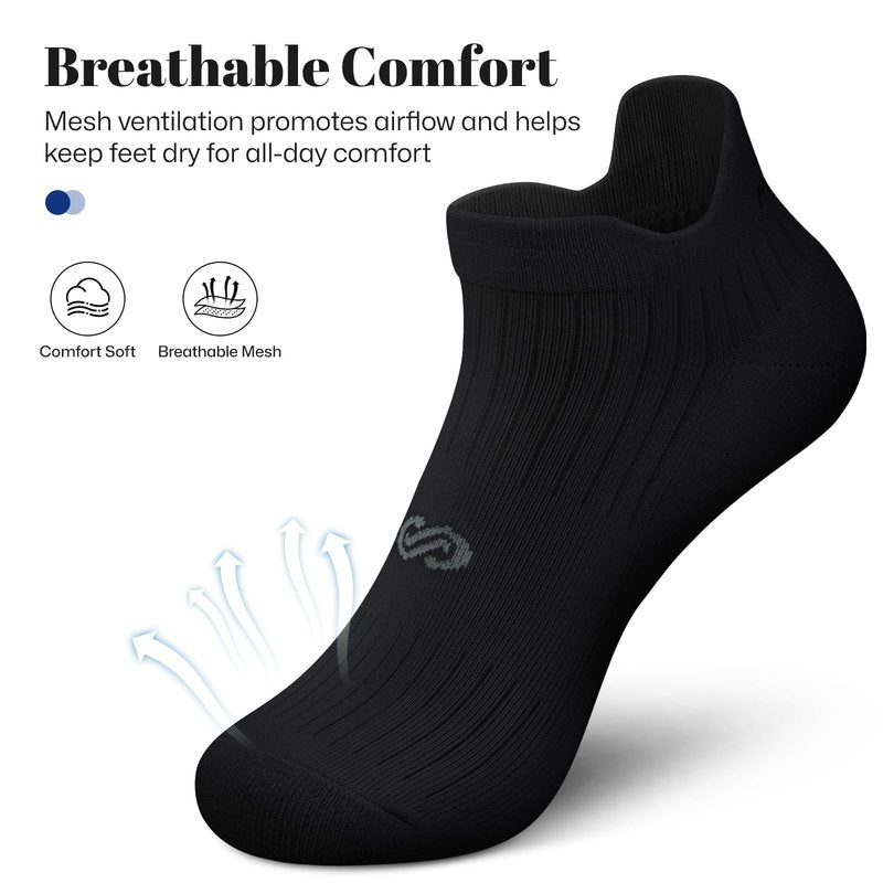 PAPLUS 6 Pairs Running Socks Men and Women - Cushioned Moisture Wicking Anti-Blister Mens Ankle Socks (black+white)