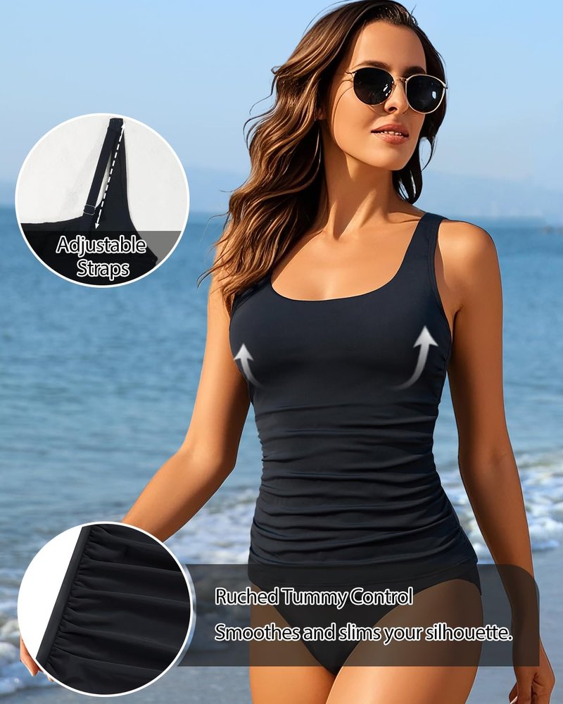 Aqua Eve Tankini Tops for Women Swimwear Top Only Tummy Control Bathing Suit Top No Bottom (Available in Plus) Black XL