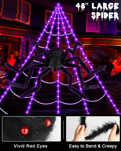 Brighter Spider Webs Halloween Decorations Lights,250 Purple LED Light Up,8 Modes 16.4Ft Giant Spiderweb with Remote Control,48'' Giant Spider,Halloween Decor for Yard Outside