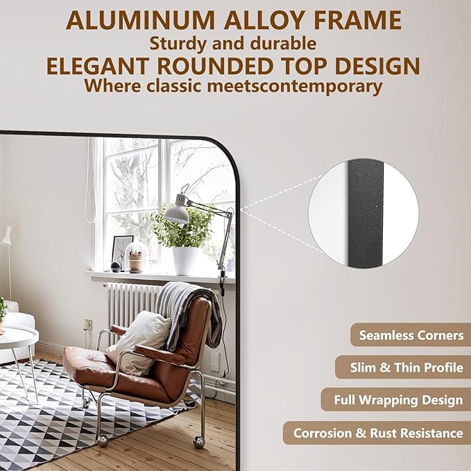 Koonmi Full Length Mirror, 65"x24" Mirror Full Length with Stand, Black Domed Top Square-Edged Floor Mirror with Aluminum Alloy Frame for Bedroom Living Room