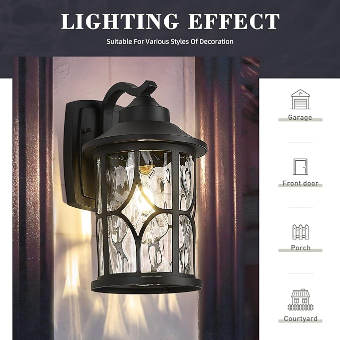zeyu 14.6 Inch Outdoor Porch Light, Farmhouse 1-Light Outdoor Wall Sconce, Die-Cast Aluminum in Black Finish, Clear Water Ripple Glass, ZX48MB-WG BK