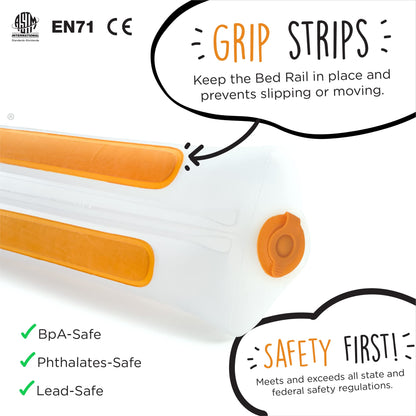 The Shrunks Sleep Security Inflatable Bed Guard (2 Pack) - Safe & Portable Toddler Bed Guard / Cot Bumpers for Travel, Holiday or Home Use, 122x18x10cm fits under Bed Sheet with non-slip grips.