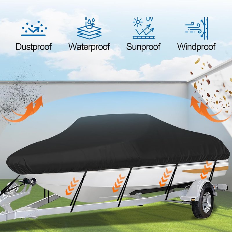Trailerable Boat Cover - Heavy Duty Waterproof Tarp for V-Hull & Fishing Boats | Fits 14'-16' Length, 90" Width