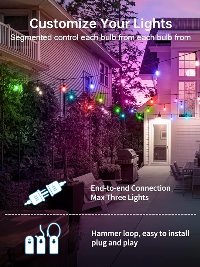 Commercial Grade 48FT LED Outdoor String Lights with Remote Control - Shatterproof Waterproof Color Changing Christmas Lights, Dimmable for Patio, Garden, Wedding Decor