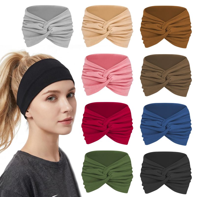 ZhouBoat 9 Pcs Stretchy Headbands for Women Non Slip Wide Elastic Head Bands Soft Twist Knotted Headbands Sports Sweat Bands for Daily Life Spa Yoga Workout Running Gym