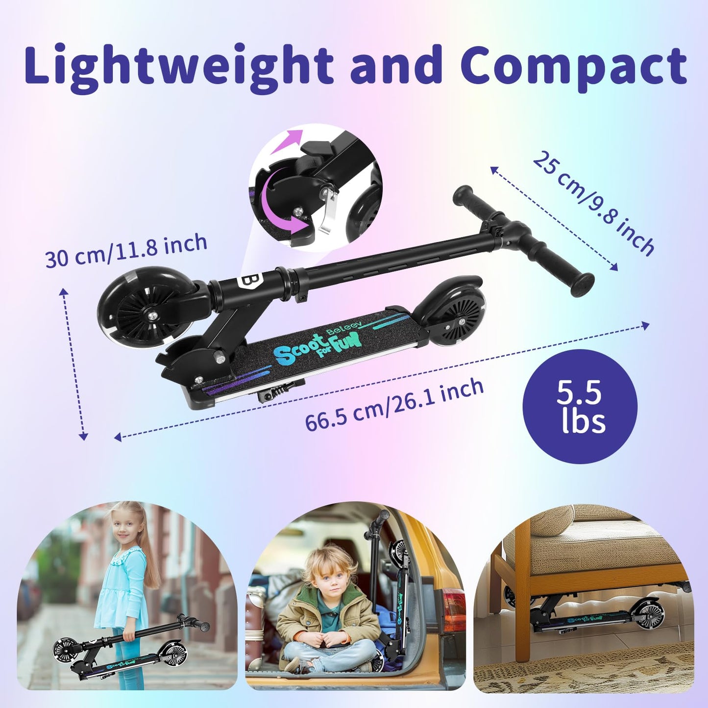 BELEEV Scooters for Kids with Light-Up Wheels & Stem & Deck, 2 Wheel Folding Scooter for Girls Boys, 4 Adjustable Height, Lightweight Kick Scooter with Kickstand for Children Ages 3-12 (Dark Black)