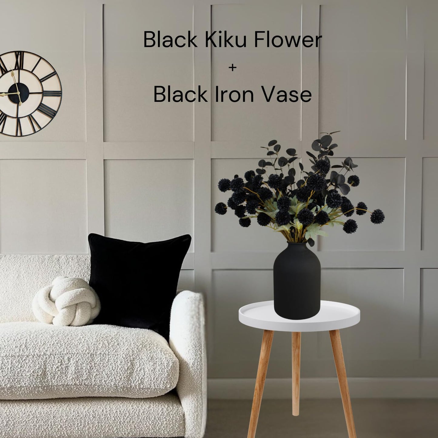 RyddeligHome Black Artificial Flowers for Centerpieces Bulk 10 Long Stems /50 Small Faux Silk Mum Balls + Black Eucalyptus Stems 2 Branches, Fall Boho Halloween Home Decor Indoor, Gothic Flowers