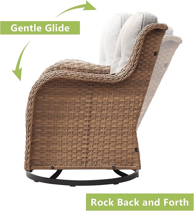 Rilyson Patio Chairs Rocking Swivel Chiar - 2 Piece Outdoor Wicker Furniture Chairs Set Rattan Rocker Chairs with High Back and Deep Seating for Outside Porch Deck Garden(Yellow/Beige)