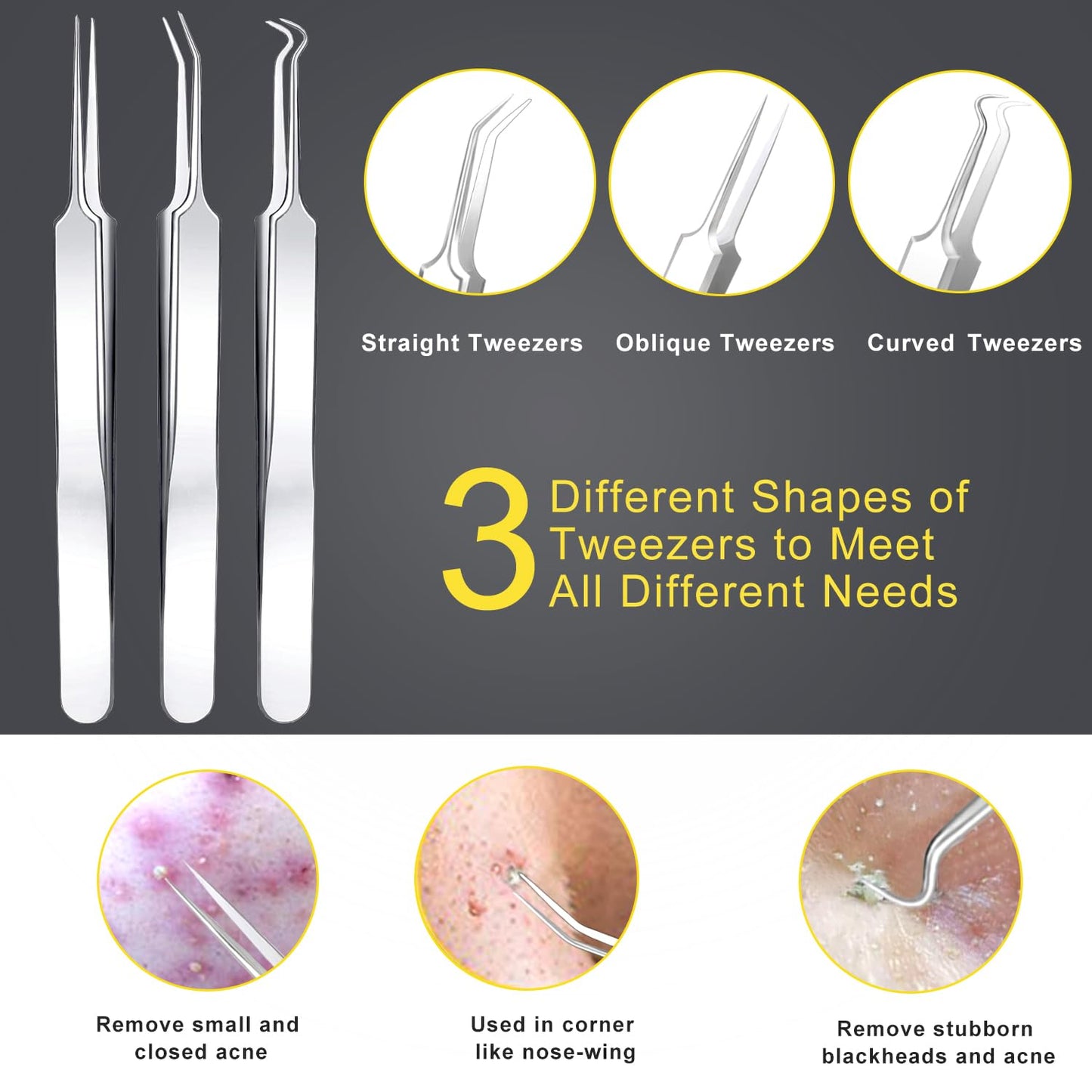 Pimple Popper Tool Kit - Boxoyx 10 Pcs Blackhead Remover Comedone Extractor Kit with Box for Quick and Easy Removal of Pimples, Blackheads, Zit Removing, Forehead,Facial and Nose (Black)