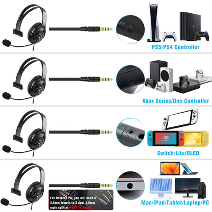 Joso Wired One Ear Headset with Mic, Single Ear Headset for PS5, PS4, Xbox, Switch, PC, iPad, Mac & Tablet with 3.5mm - Chat Headphone, Office Business, Coach, Gaming, Remote Work