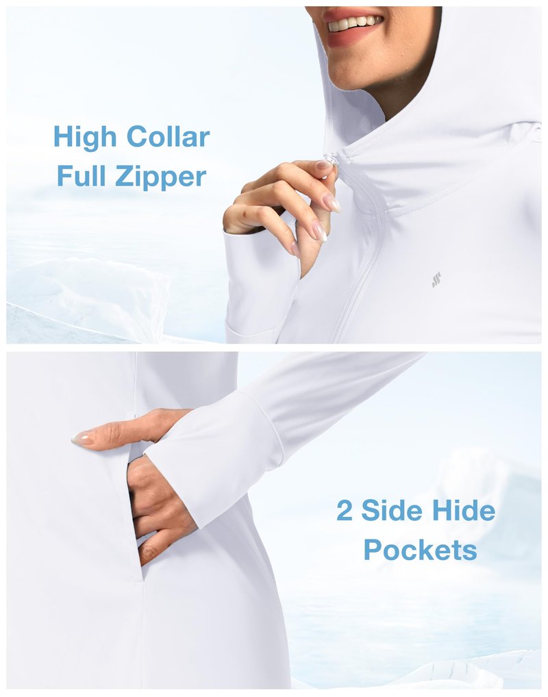 Soothfeel Women's UPF 50+ Swim Cover Up Sun Protection Hoodie SPF Lightweight Jacket Long Sleeve Beach Cover Ups for Women (White,L)