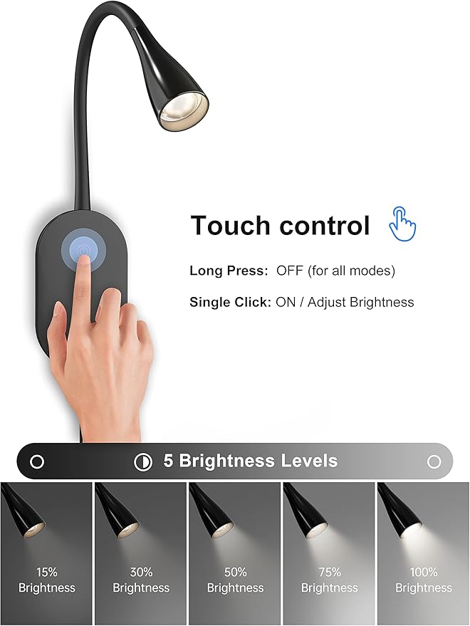 deeloop LED Wall Mount Reading Light for Bed, Reading Lamp with USB Output 5 Brightness Levels Touch Control Book Lights, 4000K Bedside Lamp Flexible Gooseneck, 2 Easy Install Options