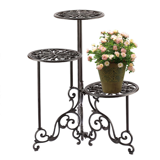 OwnMy 3 Tier Heavy Duty Cast Iron Plant Stand Foldable Wrought Iron Flower Pot Holder, Indoor Outdoor Tall Plant Stand Shelf for Garden Patio, Decorative Round Metal Plant Display Rack, Retro Brown