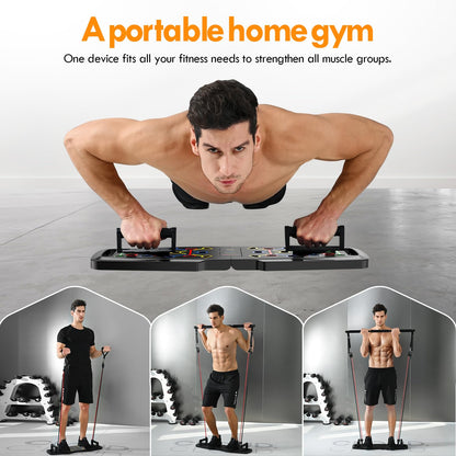 Push Up Board,Home Gym,Portable Exercise Equipment,Pilates Bar and 20 Fitness Accessories with Resistance Bands and Ab Roller Wheel,Full Body Workout at Home
