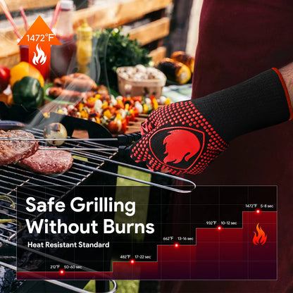 BBQ Gloves, Oven Mitts Grilling Gloves - 1472℉ Extreme Heat Resistant Oven Gloves, Non-Slip Silicone Cooking Gloves for Grilling, Barbecue, Baking, Welding (A Pair)