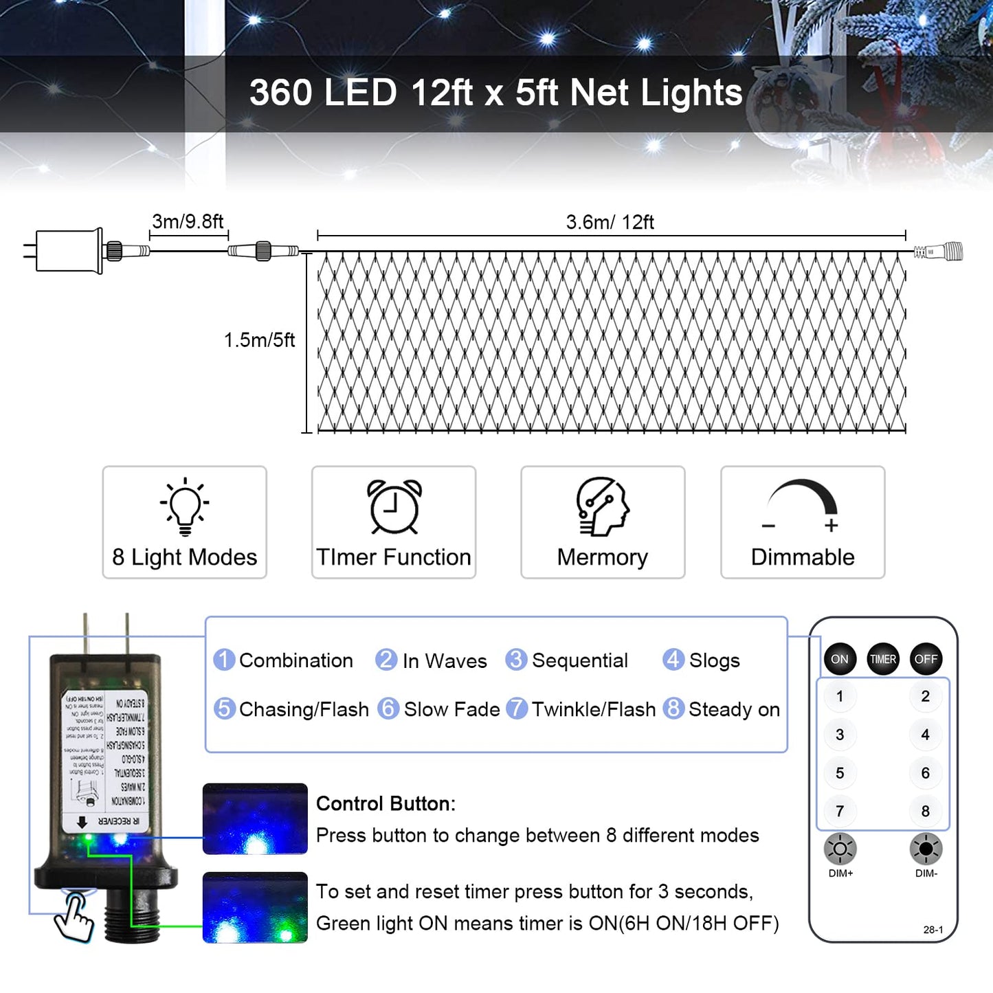 JMEXSUSS 360 LED Net Christmas Lights Outdoor Waterproof, Connectable 12ft x 5ft Net Lights Outdoor Mesh Light with Remote, 8 Modes Plug in White Christmas Light for Bushes Christmas Decorations