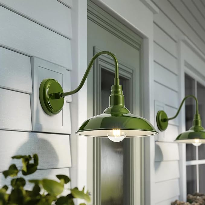 2 Pack Outdoor Gooseneck Barn Light with 14 Inch Dome, Farmhouse Exterior Wall Lights for Porch, Olive Green Patio Wall Lighting for House, Garage