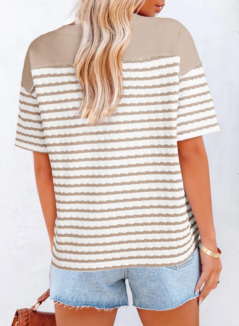 Dokotoo Tops for Women Trendy Summer Casual Short Sleeve Tshirt Shirts 2026 Fashion Womens Top Loose Fit Striped Color Block Blouses Spring T-Shirts Apricot XX-Large