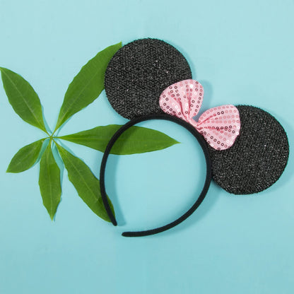 CHuangQi Mouse Ears Solid Black and Pink Sequins Bow, Set of 12