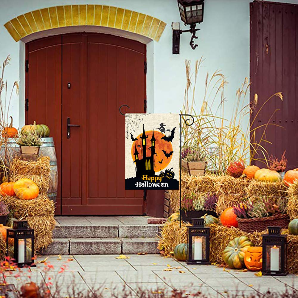 Wamika Autumn Scary Halloween Burlap Welcome Garden Flag Double Sided 28x 40 Inch,Fall Castle Moon Large Seasonal House Yard Flags for Outside Farmhouse Outdoor Holiday Home Decor Decoration